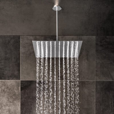 Ceiling-mounted 12″ square rainfall shower head crafted from stainless steel with a 10″ projection and 100 limescale-resistant nozzles