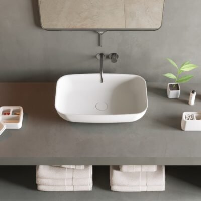 Matte white POOL Counter Vessel with elongated oval shape