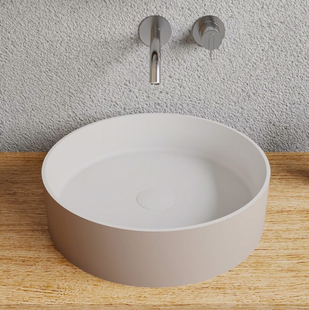 Elegant freestanding washbasin with a bicolor matte beige and white finish, showcasing ultrathin edges and smooth lines