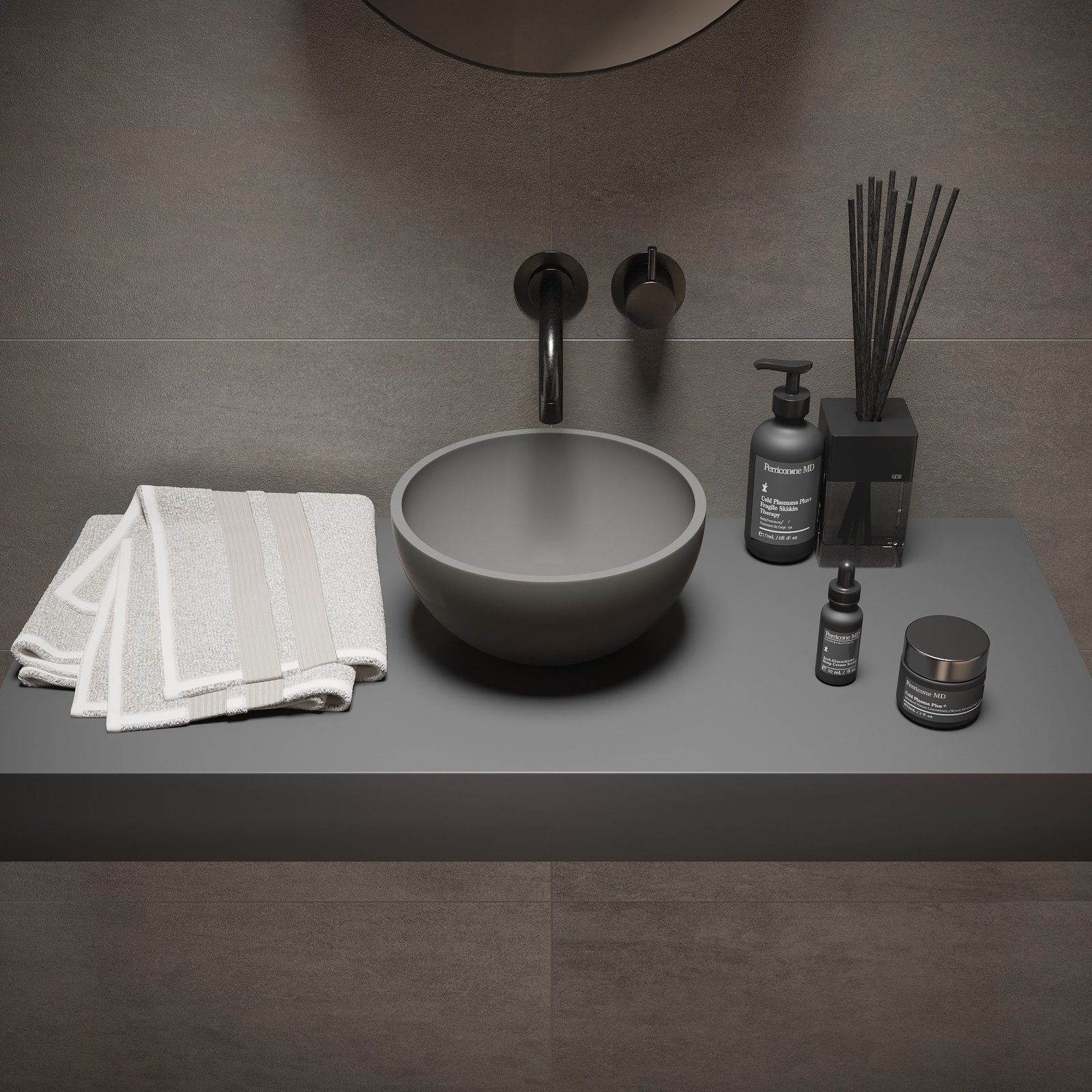 MICRO Counter Vessel in Dark Grey, providing a sleek and contemporary touch to any bathroom with its matte finish and seamless design