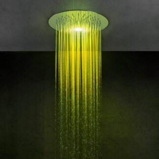Round 13-3/8&Prime; ceiling-mounted chromotherapy LED shower head crafted from stainless steel, featuring a sleek design with 132 anti-limescale silicone nozzles