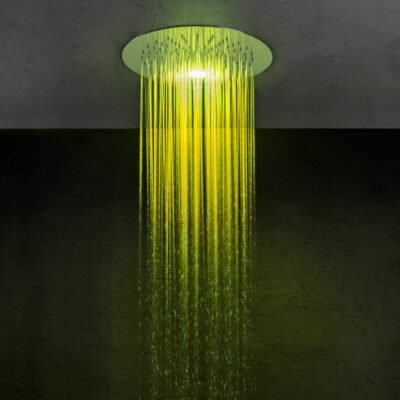 Round 13-3/8″ ceiling-mounted chromotherapy LED shower head crafted from stainless steel, featuring a sleek design with 132 anti-limescale silicone nozzles