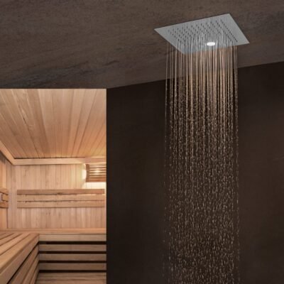 Square ceiling-mounted shower head with chromotherapy LED lights, sleek stainless steel design, and 134 silicone nozzles for even water flow