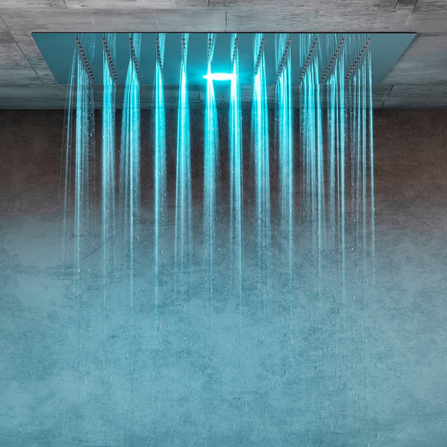 Elegant square shower head in brushed brass finish Elegant square shower head in brushed brass finish, ceiling-mounted with customizable LED chromotherapy lighting