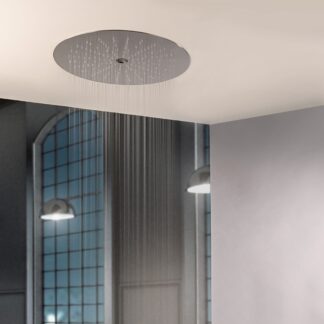 The 17-1/2″ Round Rain Shower Head with Tub Filler by Rain Therapy offers a wide rain shower and tub filler functionality in one elegant fixture