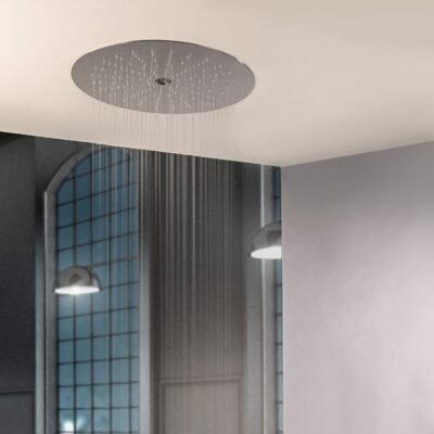 The 17-1/2″ Round Rain Shower Head with Tub Filler by Rain Therapy offers a wide rain shower and tub filler functionality in one elegant fixture