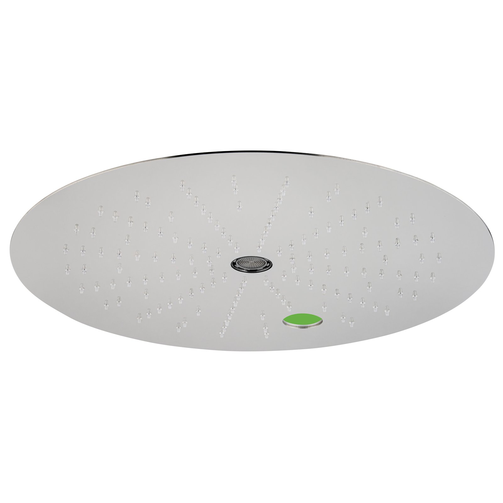 Versatile round chromotherapy shower head and tub filler combination, available in finishes like brushed brass and pink gold