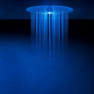Round ceiling-mounted LED shower head with integrated chromotherapy LED lighting, tub filler, and rain functionality