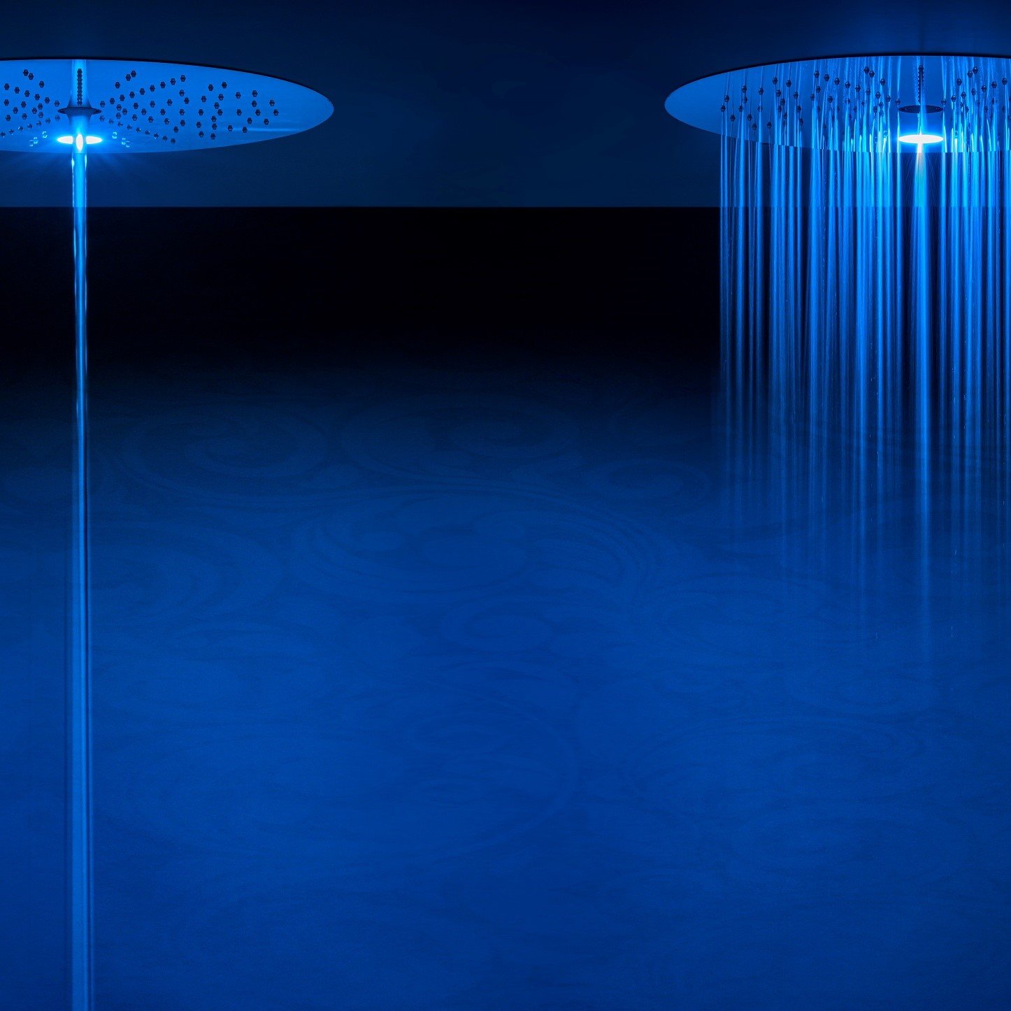 17-3/8″ round shower head featuring chromotherapy lighting, a built-in tub filler, and multiple finish options like matte black and polished gold