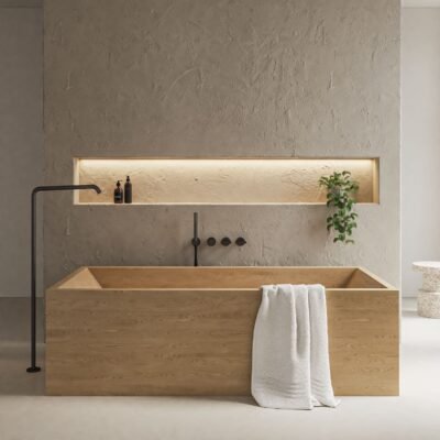 Matignon freestanding wooden bathtub in a sophisticated rectangular design, made from solid wood