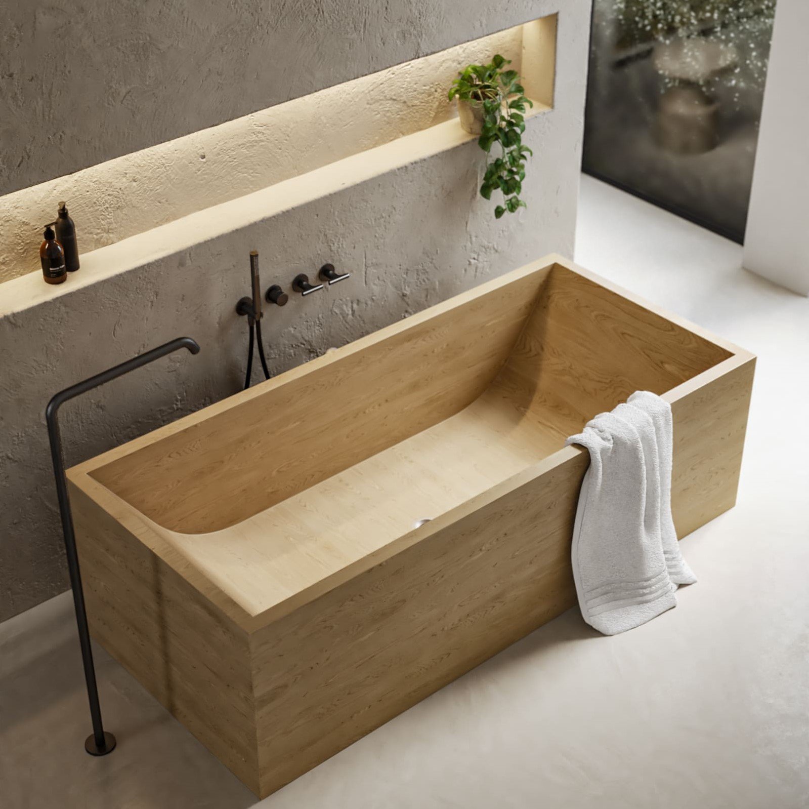 Luxurious Matignon freestanding bathtub crafted from premium solid wood, featuring a sleek modern look, glossy or semi-glossy finish