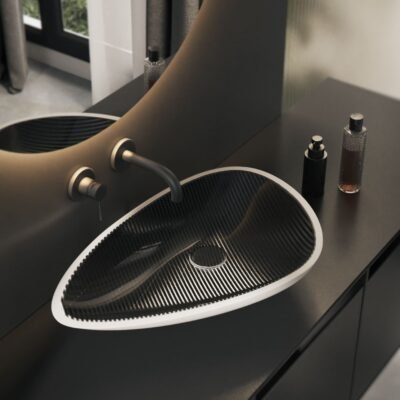 Elegant Delta counter vessel by IMAGE, crafted with carbon fiber and matte white solid surface