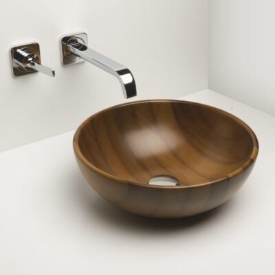 Marceau Wooden Counter Vessel by IMAGE, a luxurious round sink crafted in Europe, available in five wood species and designed with a glossy or semi-glossy finish