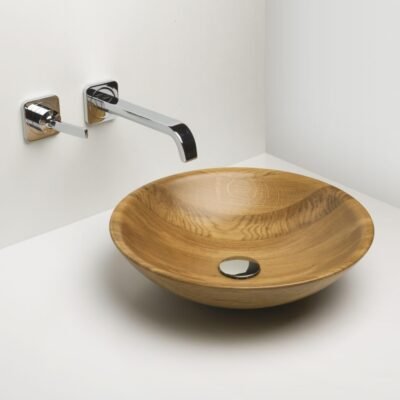 Montaigne Wooden Counter Vessel by IMAGE, a luxury round wooden sink available in three sizes and five wood species, crafted with a glossy or semi-glossy finish