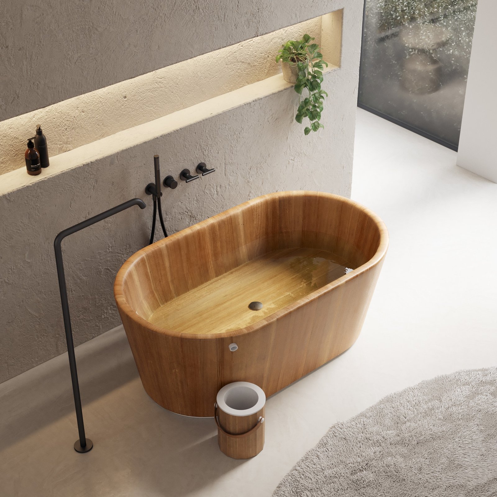 Luxurious Ofuro wooden bathtub in a compact, elongated shape, perfect for deep soaking; available in a glossy or semi-glossy finish