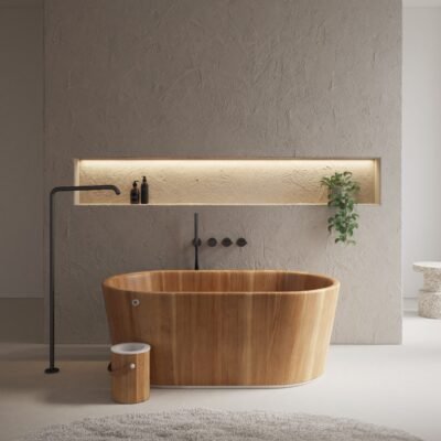 Ofuro freestanding wooden bathtub with Japanese-inspired design, crafted from premium solid wood options like ash, iroko, oak, walnut, or wenge