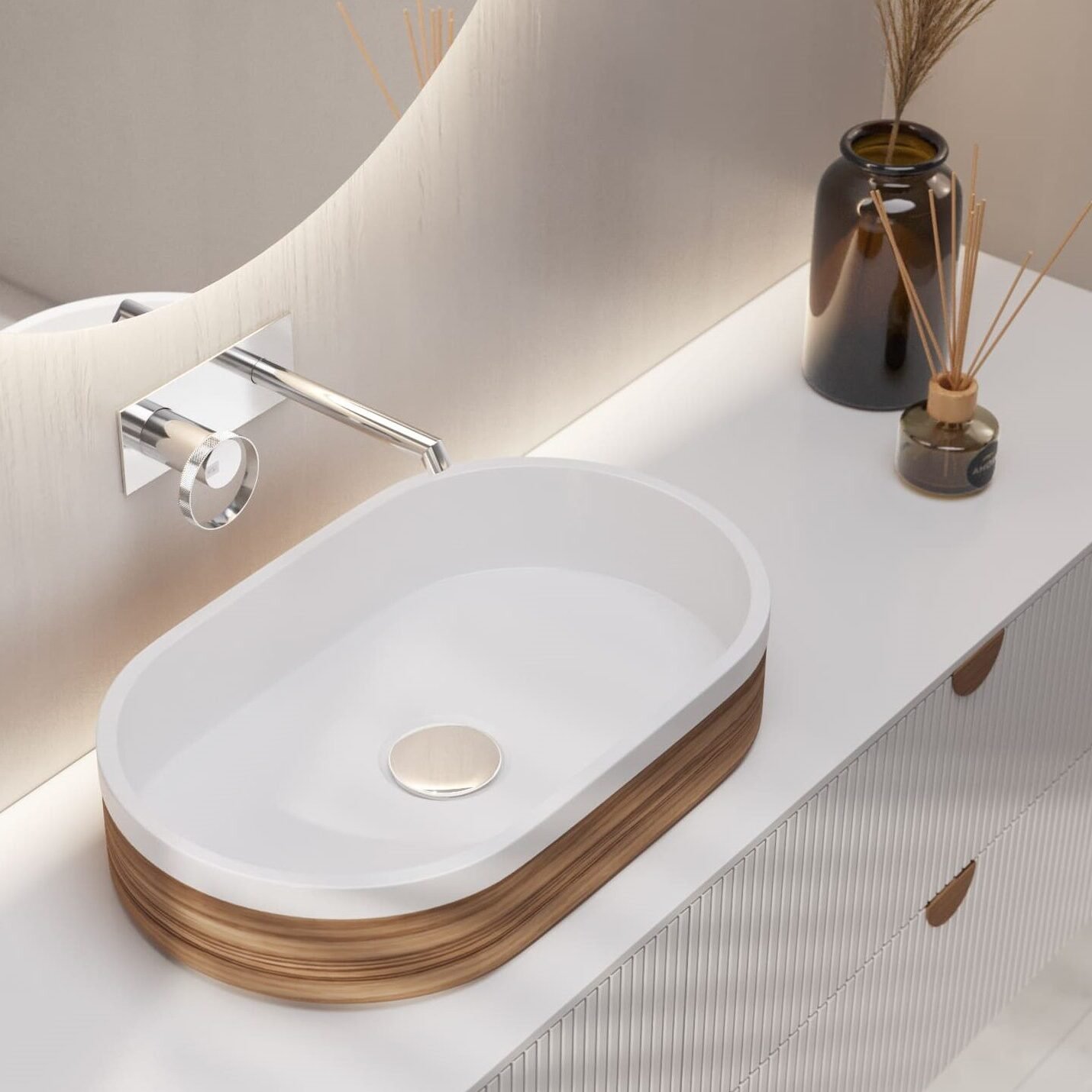 Capsule wooden counter vessel by IMAGE Capsule wooden counter vessel by IMAGE, model PS IM-CCAP520, crafted from Zebrano wood with heat and scratch resistance