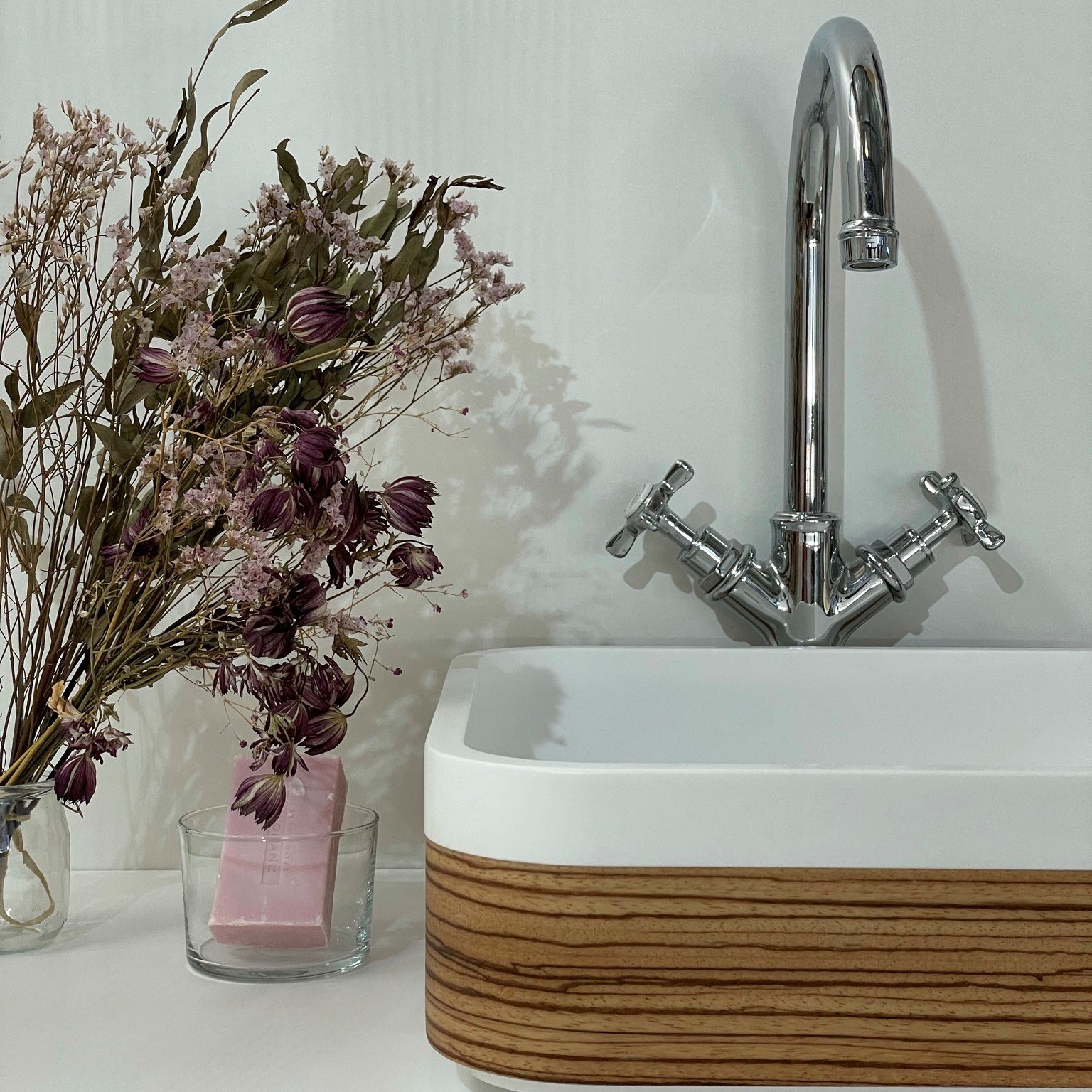 Capsule wooden counter vessel with square shape Unique Capsule wooden counter vessel with square shape, crafted from solid Zebrano wood and treated with UV-resistant epoxy