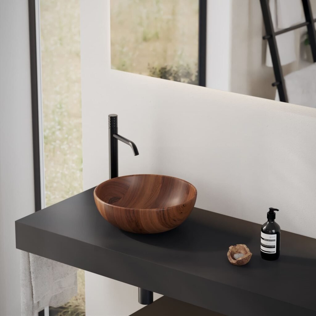 Sophisticated Marceau Wooden Counter Vessel sink in ash wood with UV-resistant epoxy finish, combining natural beauty and advanced waterproofing for durability