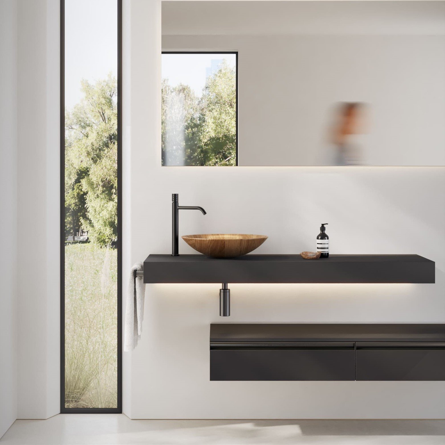 Montaigne Wooden Counter Vessel by IMAGE Montaigne Wooden Counter Vessel by IMAGE, showcasing exceptional cabinetmaking in walnut wood, stabilized with UV-resistant epoxy