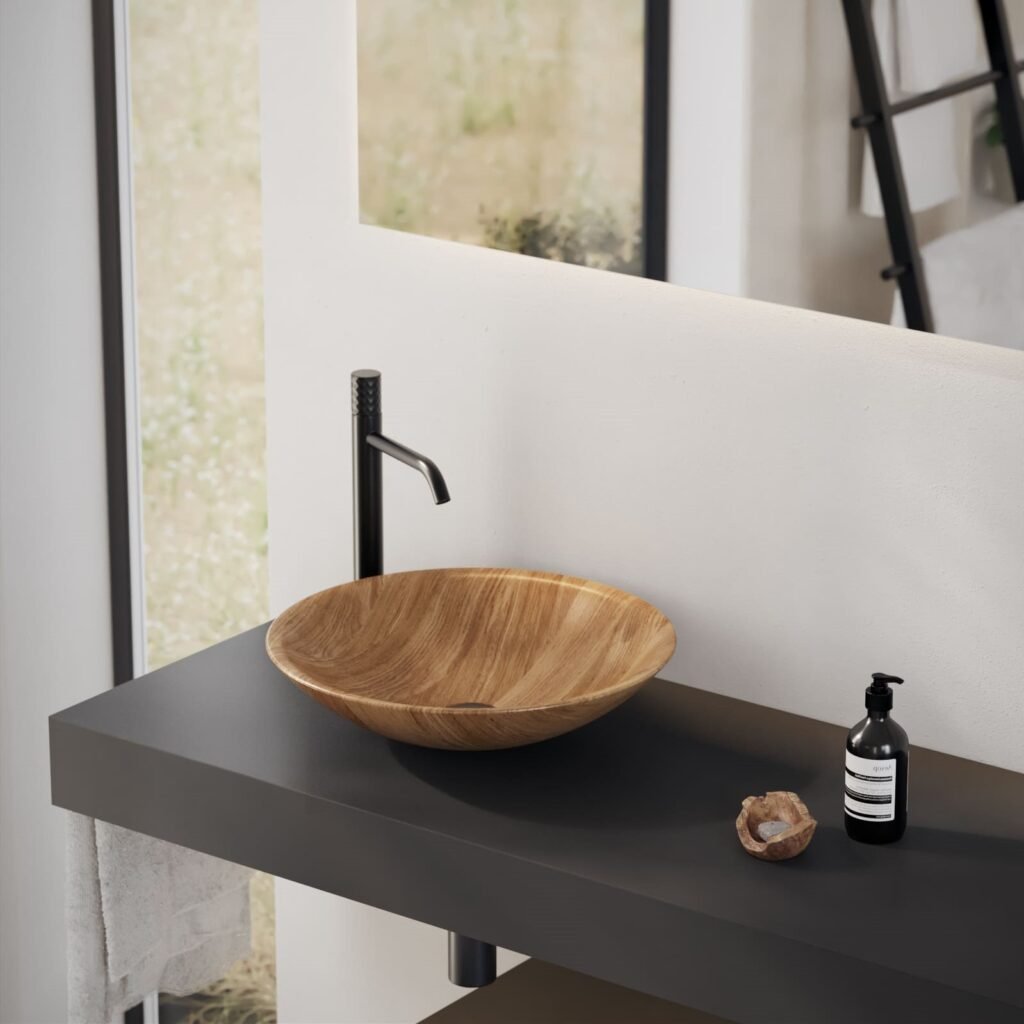 Premium Montaigne Wooden Counter Vessel in iroko wood with hand-applied epoxy and varnish layers, offering a durable, waterproof finish