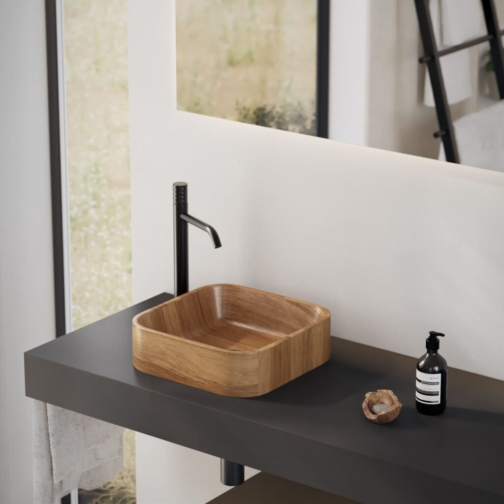 Luxury St Honoré Wooden Washbasin – A striking square wooden sink in wood, featuring an epoxy resin finish for lasting durability