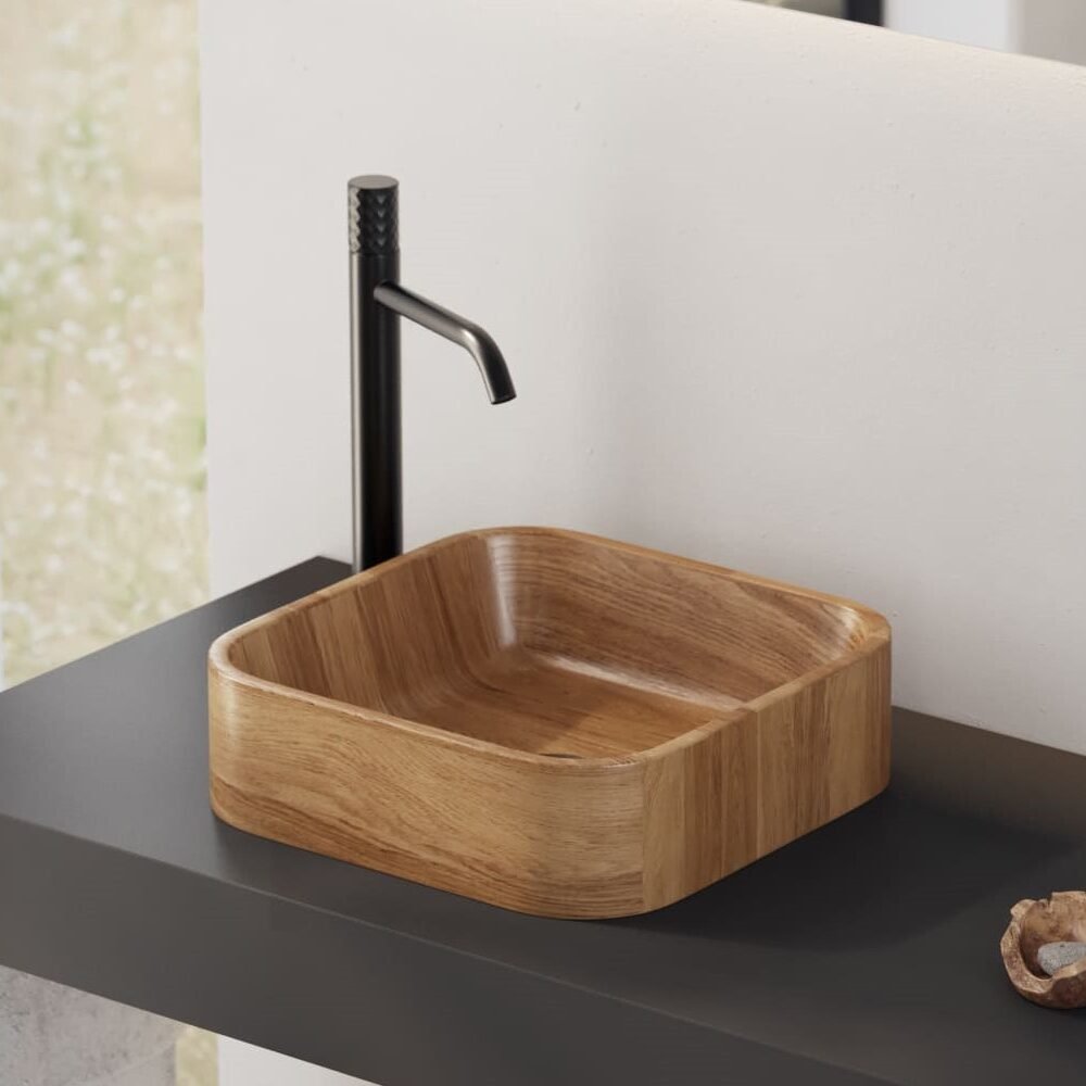 Luxury St Honoré Wooden Washbasin – A striking square wooden sink in wood, featuring an epoxy resin finish for lasting durability