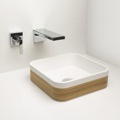 The Capsule wooden counter vessel by IMAGE, square design in Zebrano wood, showcasing advanced craftsmanship