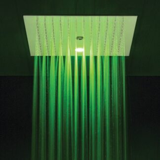 Large square ceiling-mounted shower head with chromotherapy LED lights, tub filler, and 136 anti-limescale nozzles