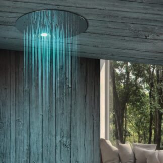 Round chromotherapy LED light shower head with a sleek stainless steel finish, mounted on a bathroom ceiling