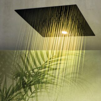 Modern square chromotherapy shower head available in premium finishes like matte black, brushed copper, and pink gold