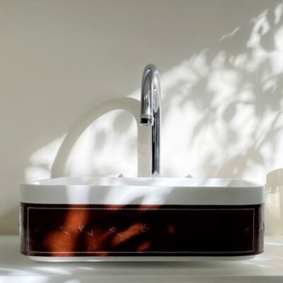 Frame Counter Vessel by IMAGE, a luxury rectangular washbasin crafted in Europe, featuring solid surface and leather material options