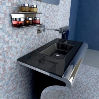 Italian-designed stainless steel console with a curved front, black glass counter, and integrated rectangular sink