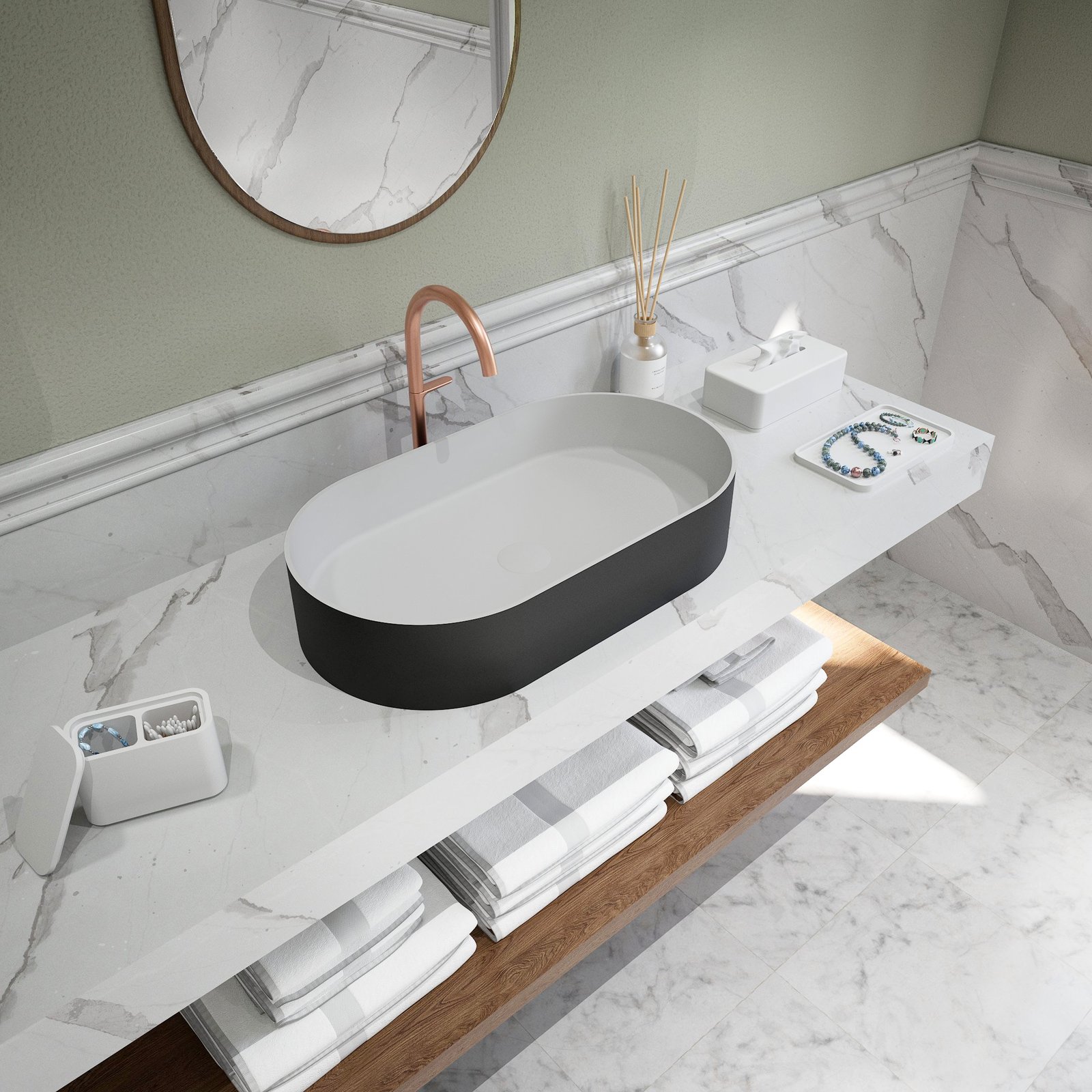 Modern bicolor freestanding washbasin by Ideavit, featuring a matte black exterior and matte white interior
