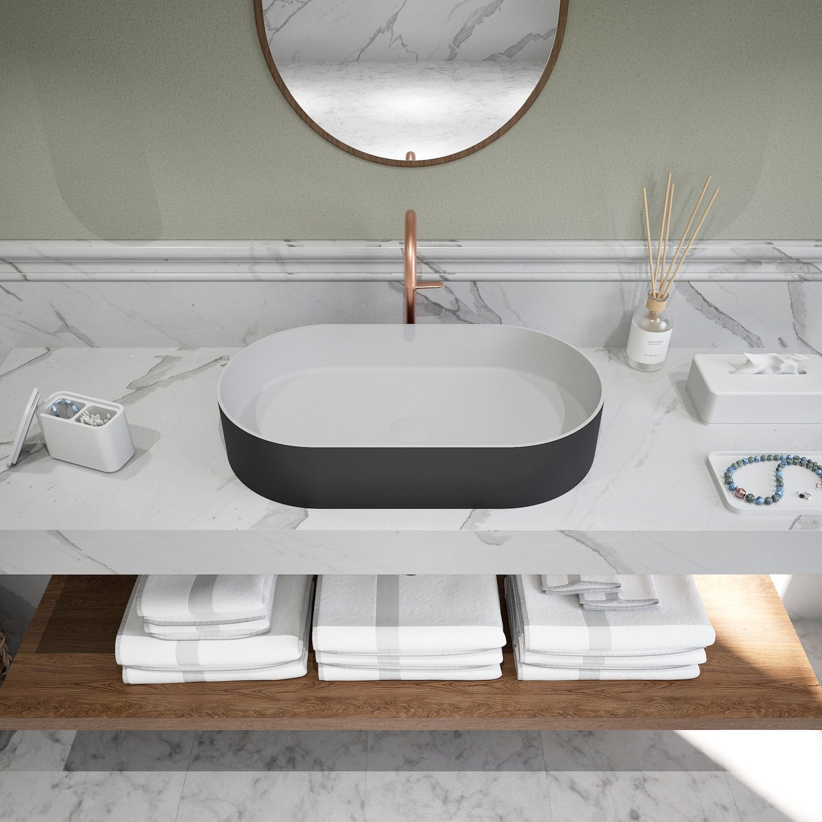 Contemporary freestanding washbasin from Ideavit’s 2023 collection, combining matte black and white finishes with a thin edge and durable Solid Surface construction