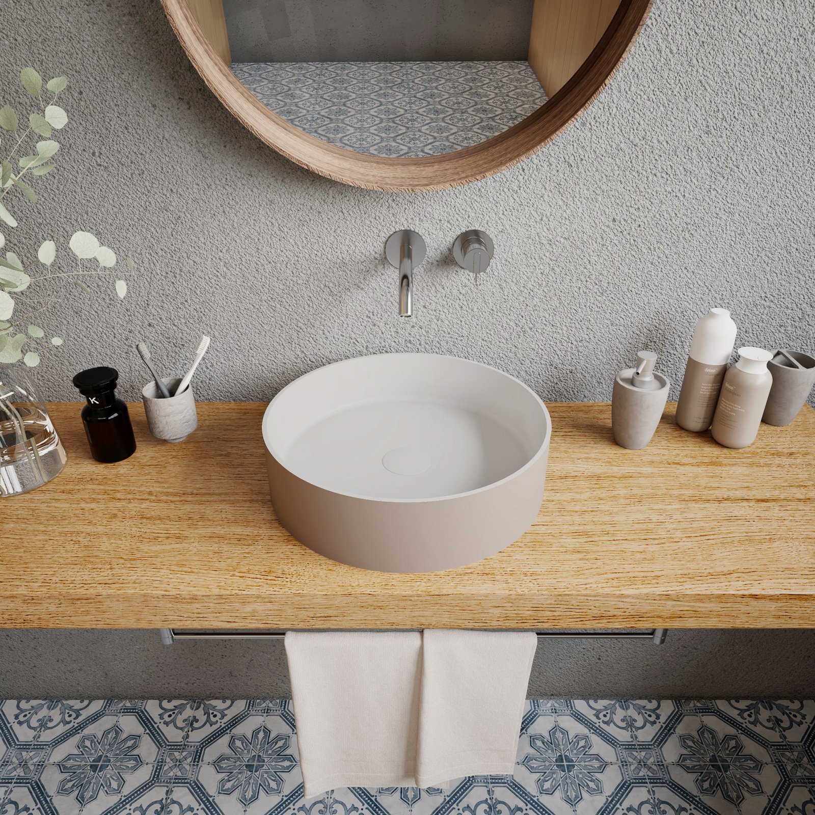 The 2023 Ideavit Collection Bicolor Freestanding Washbasin in matte beige and white, offering both style and functionality