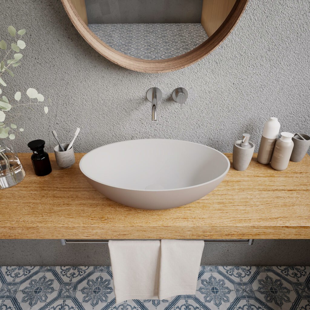 Premium Bicolor Freestanding Washbasin from Ideavit, featuring a thin-edge matte beige and white design