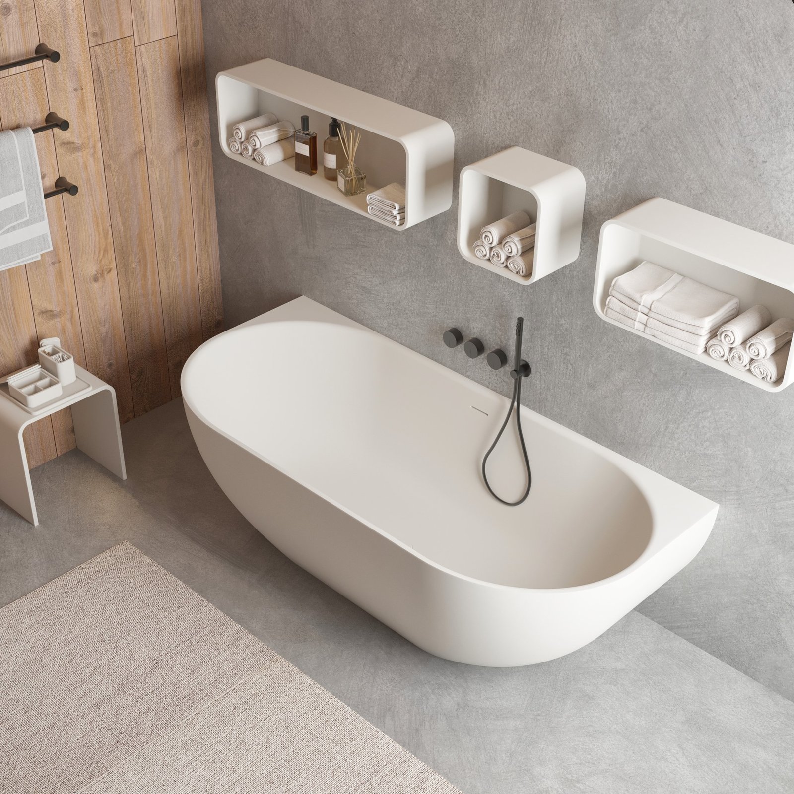 Modern Back-to-Wall Bathtub with overflow protection and adjustable feet