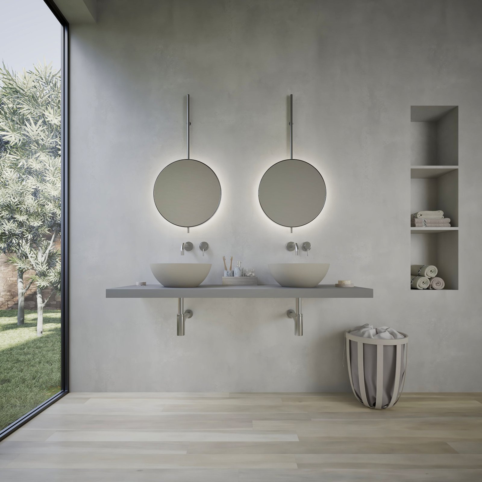 Sophisticated bicolor freestanding washbasin from Ideavit Collection 2023 Sophisticated bicolor freestanding washbasin from Ideavit Collection 2023, featuring a matte pebble grey exterior and white interior