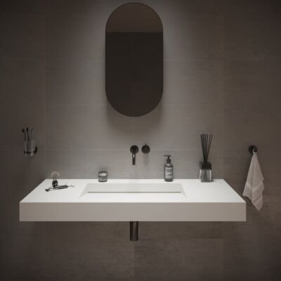 Ideavit's SQUARE wall-hung vanity, measuring 48 inches in width and featuring a built-in drain, is made of matte white solid surface