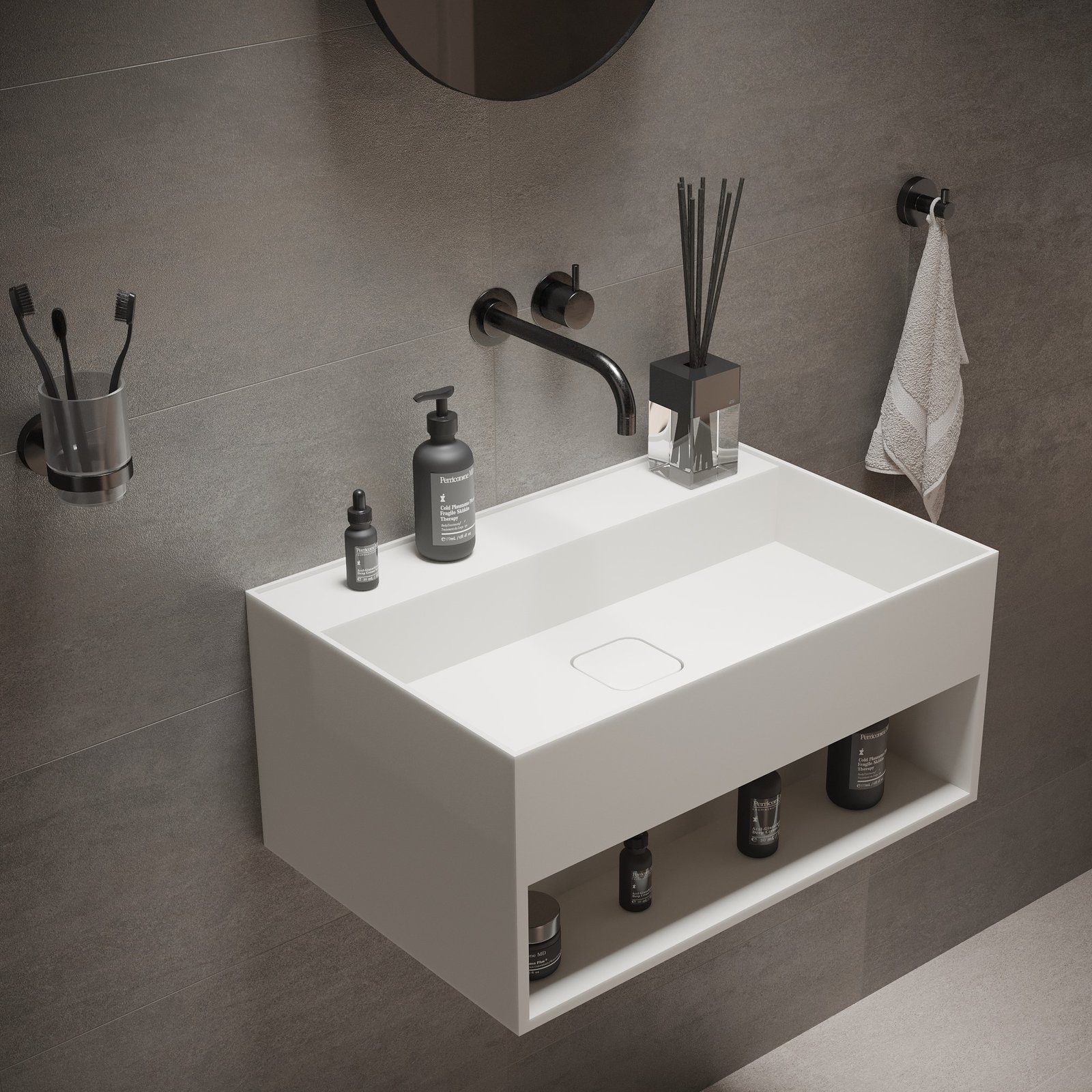 The BLISS 24″ Wide Washstand offers a sophisticated, wall-mounted solution in matte white, crafted from premium solid surface material