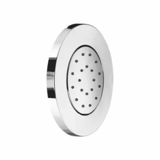 Sleek and durable 5" round wall-mounted body jet with customizable water direction, 20 silicone nozzles to prevent limescale buildup, and a flow restrictor for efficient water usage