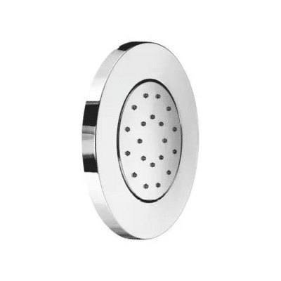 Sleek and durable 5" round wall-mounted body jet with customizable water direction, 20 silicone nozzles to prevent limescale buildup, and a flow restrictor for efficient water usage