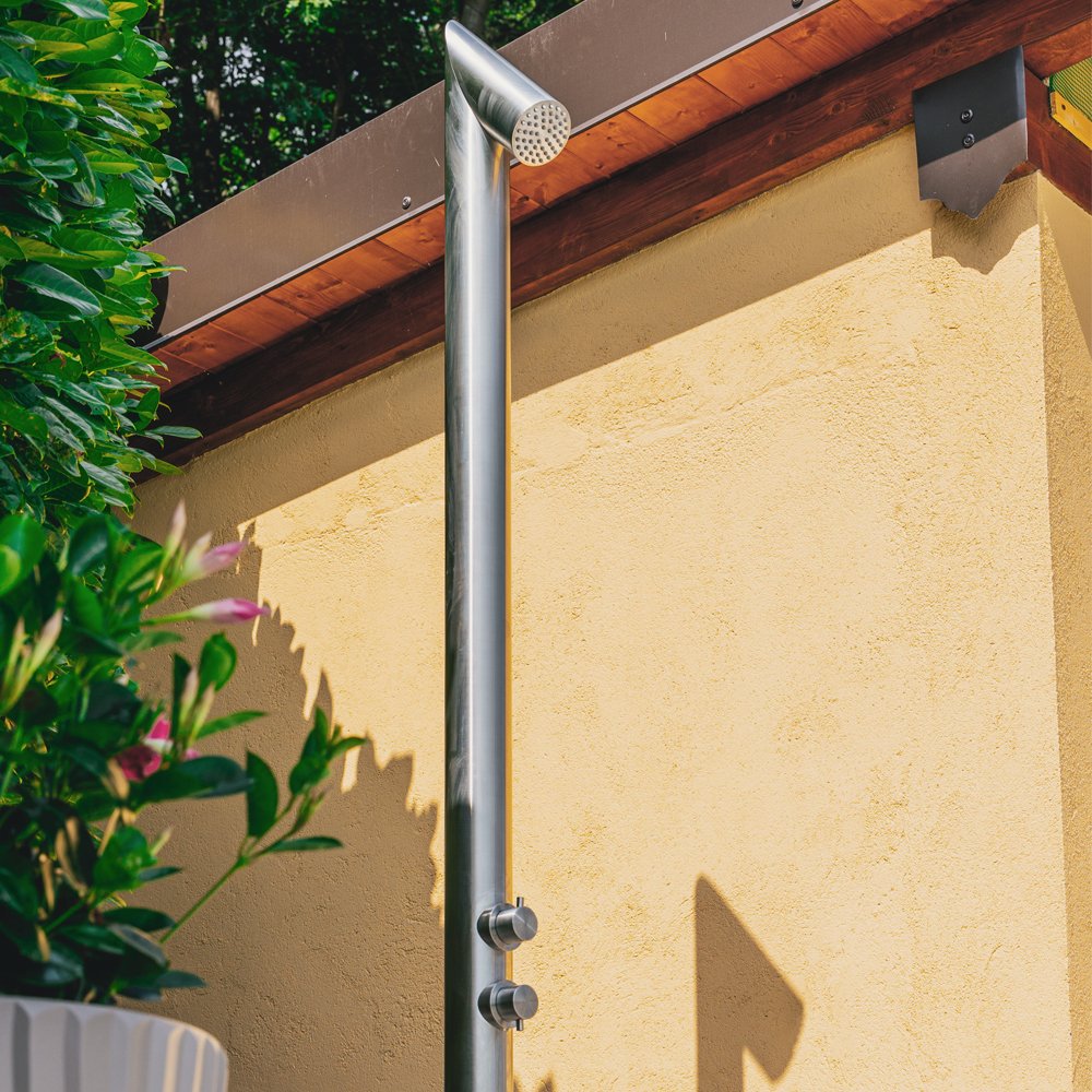 Premium marine-grade stainless steel outdoor shower with a sleek design, perfect for saltwater-exposed settings