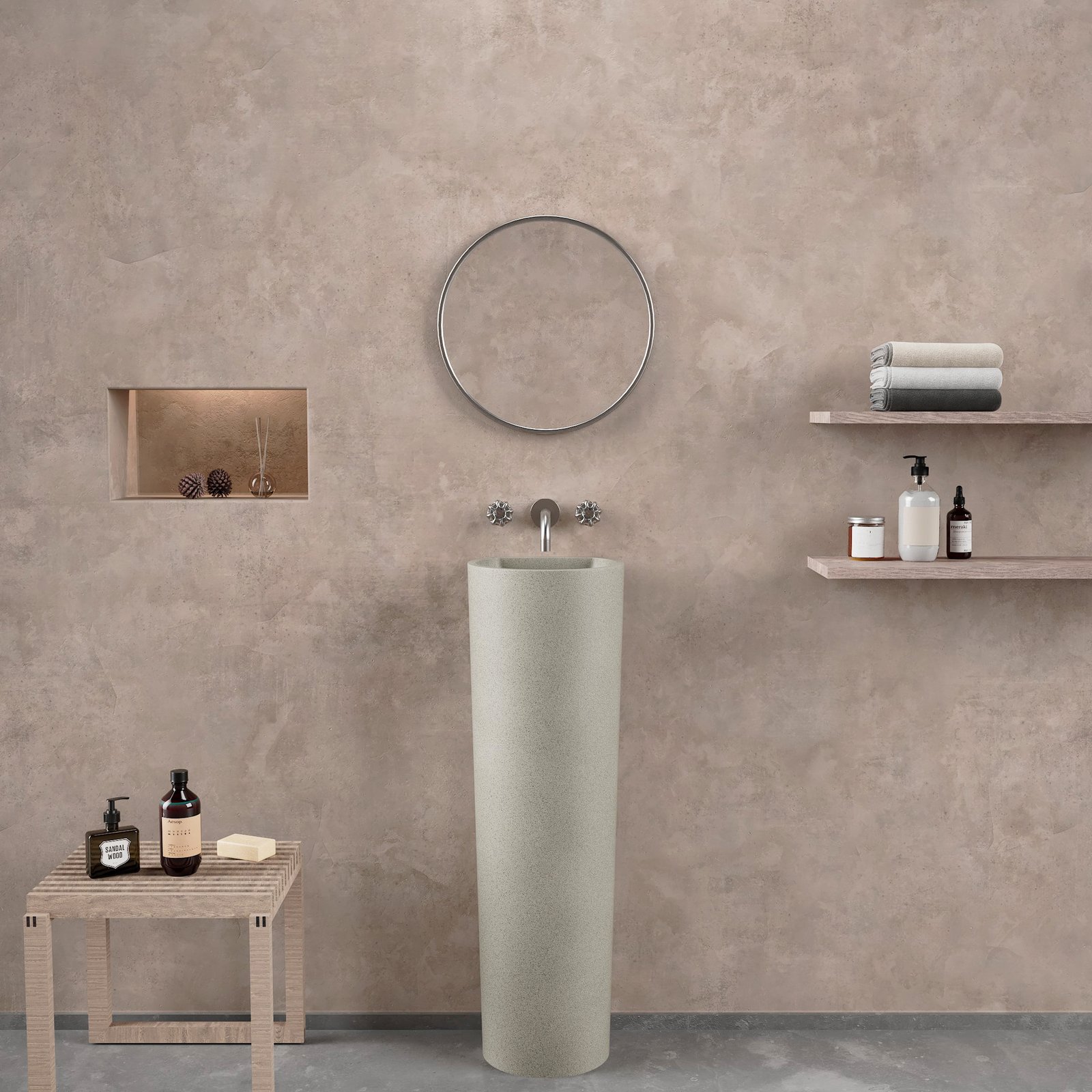 Modern Evo Pedestal by PSCBATH in Beige Concrete, showcasing its smooth, minimalist form and seamless design