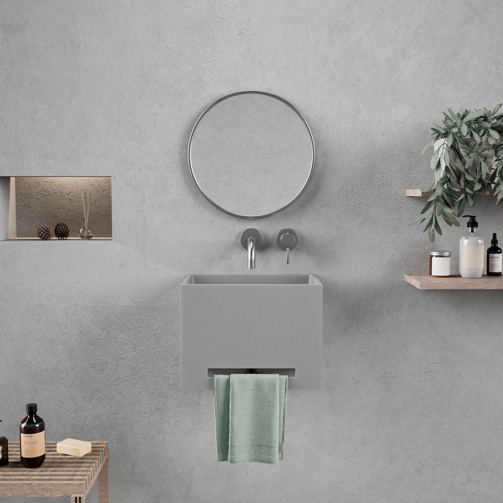 Modern grey wall-mounted concrete washbasin with towel bar and concrete drain cover, durable and stylish