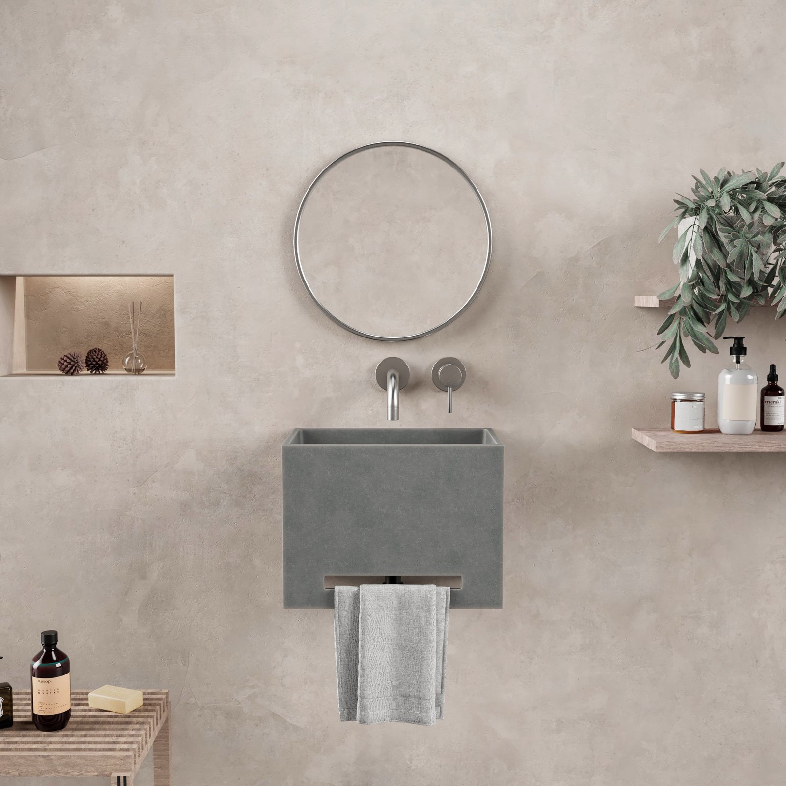 Elegant taupe concrete washbasin with wall-mounted design and durable anti-scratch finish