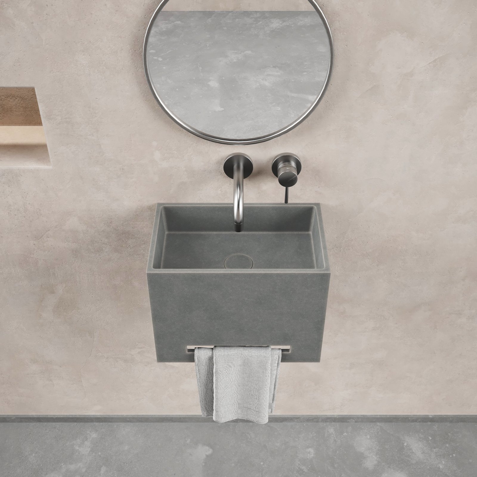 Taupe concrete wall-mounted washbasin with integrated towel bar and anti-scratch surface, ideal for a sleek