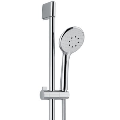 Adjustable 26″ sliding bar with a 5-jet hand shower, flexible PVC hose, and sleek square wall outlet, available in polished chrome, brushed nickel, matte white, and matte black finishes