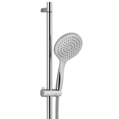 36″ adjustable sliding bar with a 5″ single-spray hand shower, flexible 60″ PVC hose, and discreet wall outlet, crafted from solid brass